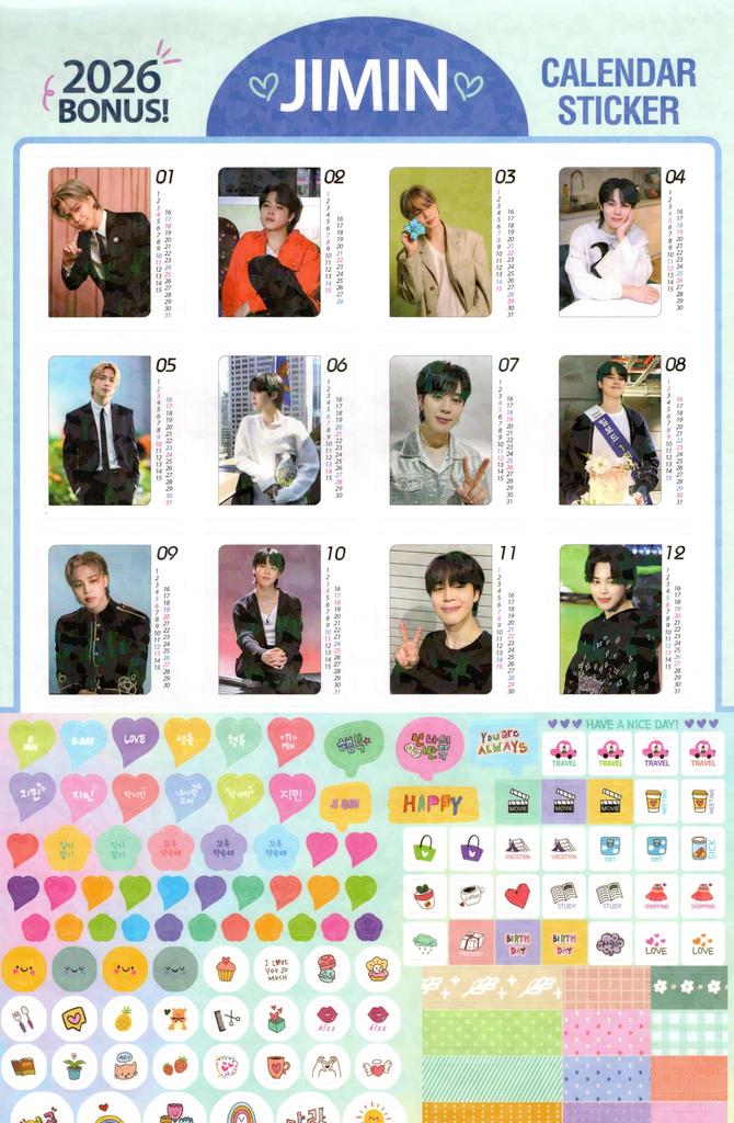 Jimin Merchandise Large Wall Calendar 2026 Sticker Set (Reiwa 8) +