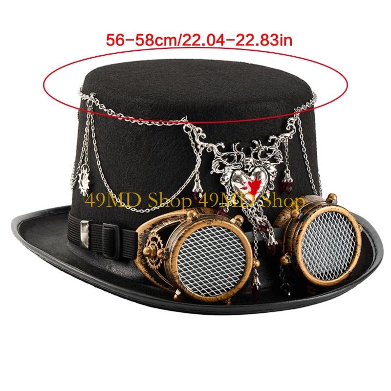 49MD Gothic Rock Wool Top Hat With Chain Pendant Mechanical Gears Removable Goggles And Dramatic For Costume Accessories