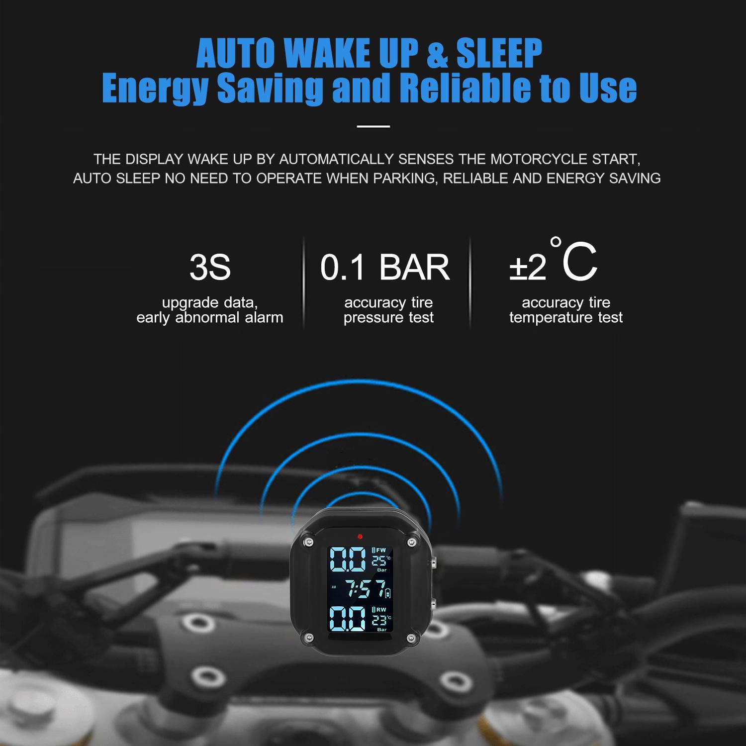 Sistema Di Monitoraggio Pressione Pneumatici Per Moto | TPMS Solare E USB Con Sensori IPX7, 6 Allarmi, Display LCD Per Pressione E Temperatura
