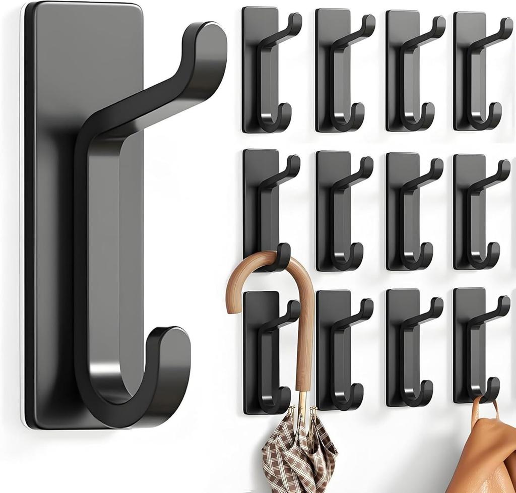 Heavy Duty Self Adhesive Wall Hooks 13LB Waterproof Brushed Aluminum Towel Coat Hooks 12 Pack