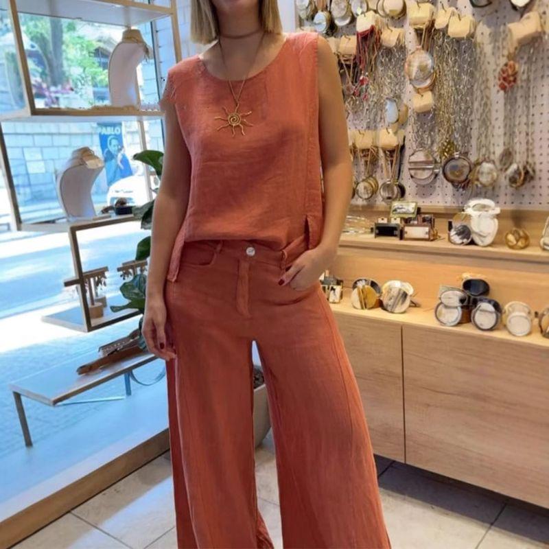 Solid-Color Sleeveless Long Pants Set Solid Sleeveless Vest Trousers Set Women