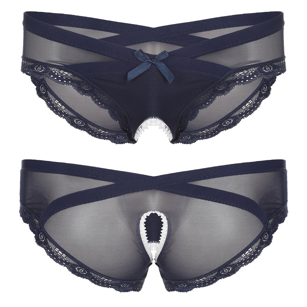 Pánské průsvitné bezrozkrokové kalhotky ze síťoviny s krajkovým lemem kalhotky Cross-dresser Sissy spodní prádlo