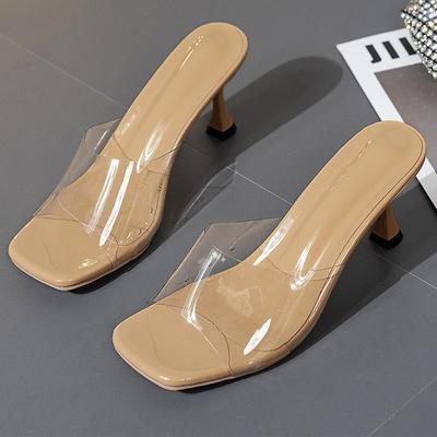Pantoufles sexy à talons mi-hauts pour femmes, sandales tendance de printemps, escarpins à bout carré, claquettes transparentes, tongs pour femmes