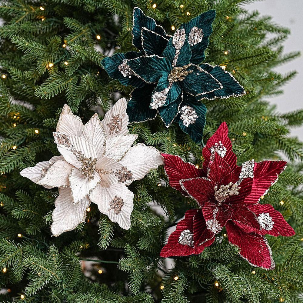 Fleece Fabric Christmas Flowers 25cm Xmas Tree Pendant Gold Glitter Flower Xmas Holiday Decor