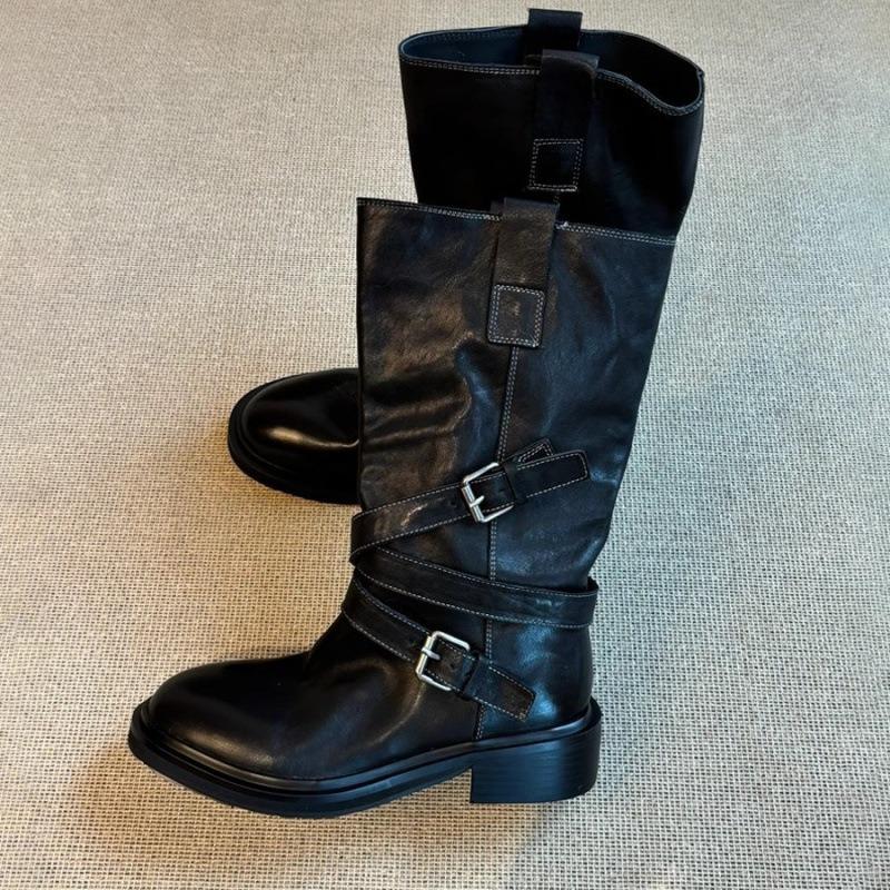 Cowhide Edition~ Retro Belt Buckle Medium Boots Thick-soled Western Cowboy Boots Skinny Fried Street Short Boots Female Knight Boots