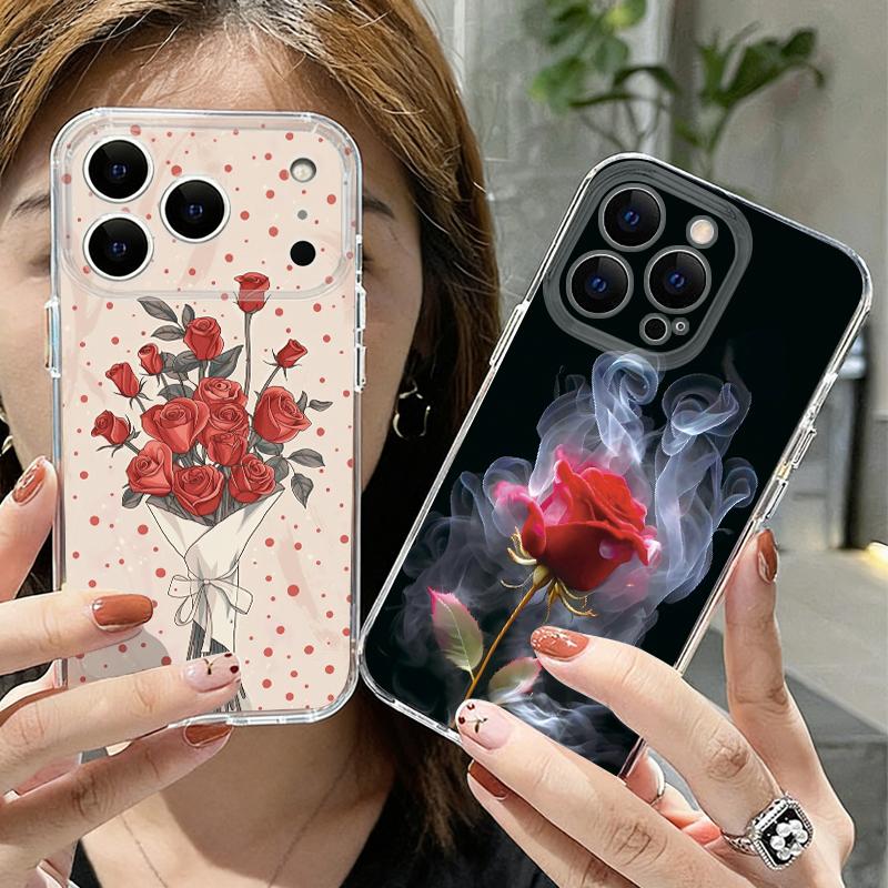 Scarlet Red Rose Flower Pattern Case For iPhone 17 Pro Max Coque iPhone 16 15 14 13 Pro Max 11 Clear TPU Silicone Soft Cover