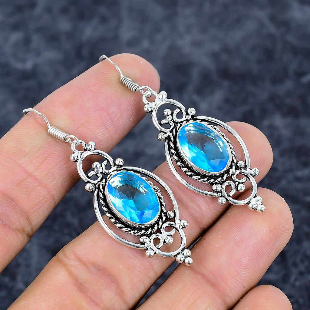 Blue Topaz Gemstone Handmade 925 Sterling Silver Jewelry Earring 2.21" M-3291
