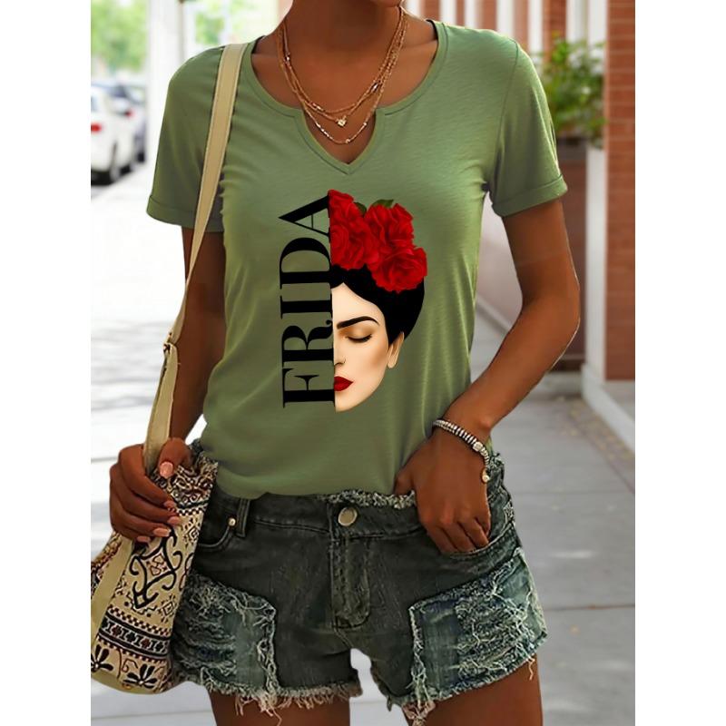 

Women s Summer V-Neck Short Sleeve T-Shirt, Frida Kahlo with Red Roses Print, Artistic Feminist Casual Fashion Top 2XL