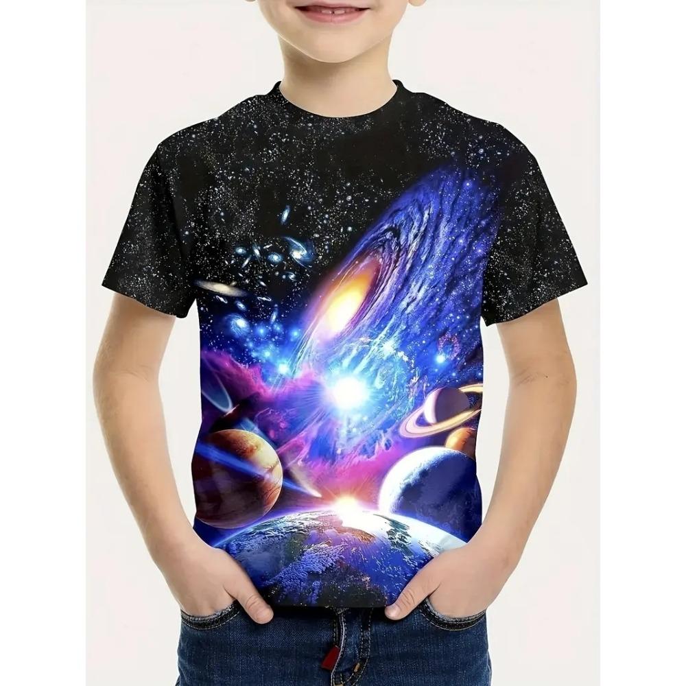 Children's clothing, boys' breathable and suitable T-shirt, 3D printed space pattern short sleeved shirt, boys' summer fashion, cool round neck top