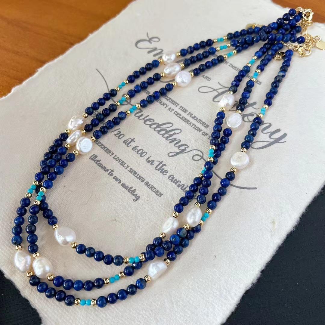 Natural Lapis Lazuli Stone Baroque Freshwater Pearl Colored Collarbone Chain French Gypsy Necklace Women S Retro Premium