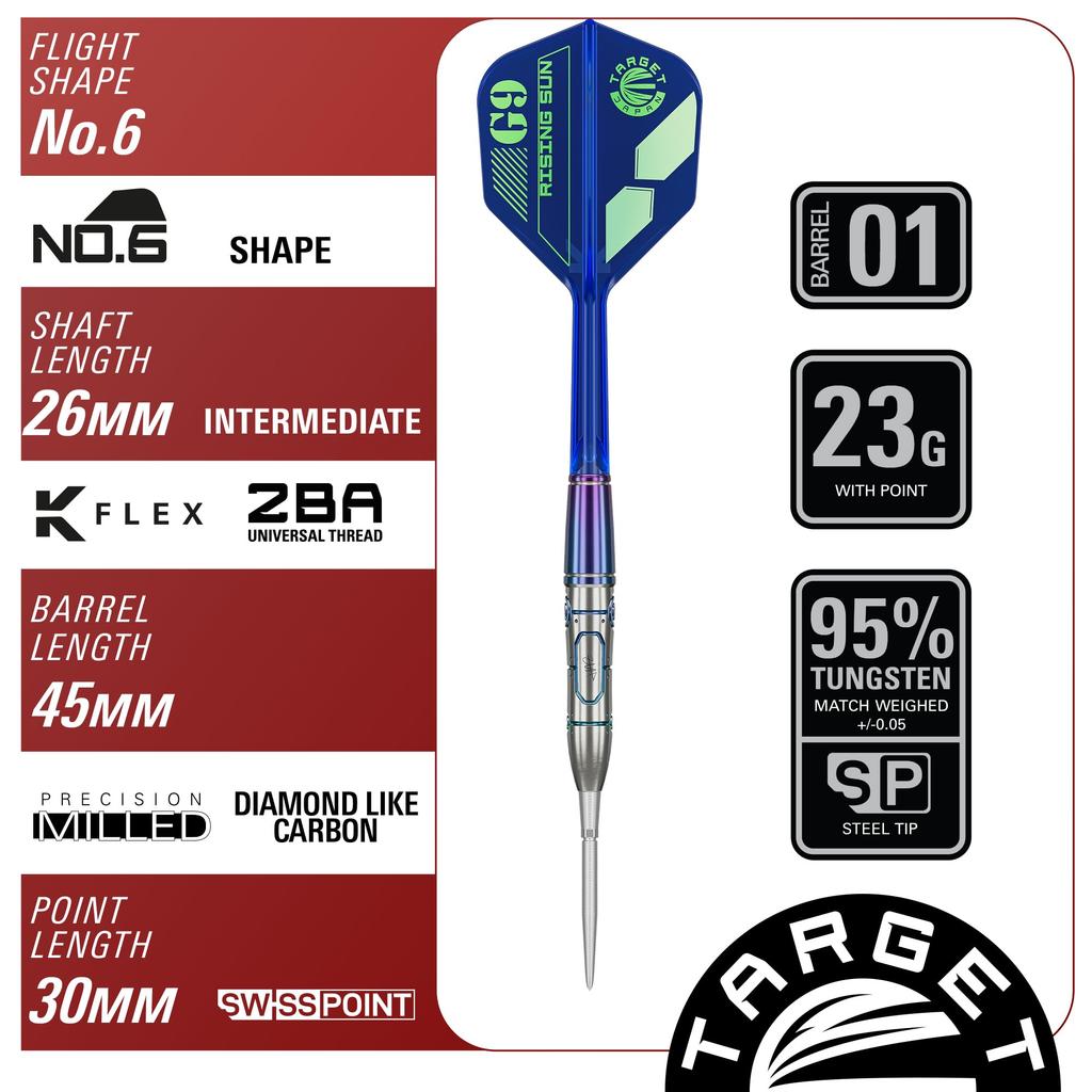 Target Japan Rising Sun G9 No Groove Haruki Tungsten Steel Tip Dart 6 Shape Flights and SWISS SILVER NANO POINT 30mm Sun No Darts, Muramatsu's 95%