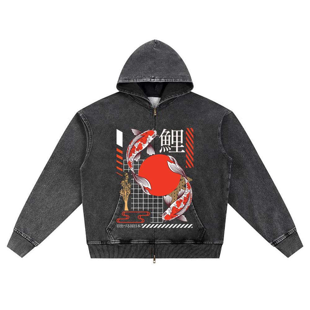 DTG Print Knitted Denim Zip-Up Hoodie Japanese_streetwear 3 Brother Print Zipper Hoodies  