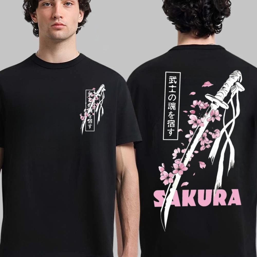 Japanese Samurai Sword Sakura Print Bestseller Men's 100%Cotton Y2k Graphic Hawaiian Luxury Shirt Women Summer Tshirt