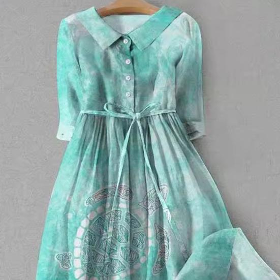 Three Quarter Sleeves A-line Digital Floral Print Bohemian Style Pleated Lace-up Strap Half Single-breasted Shirt Type Midi Dress