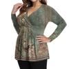 Women's Plus Size Shirt Long Sleeve  Print Top Pleated Casual V-Neck Top
