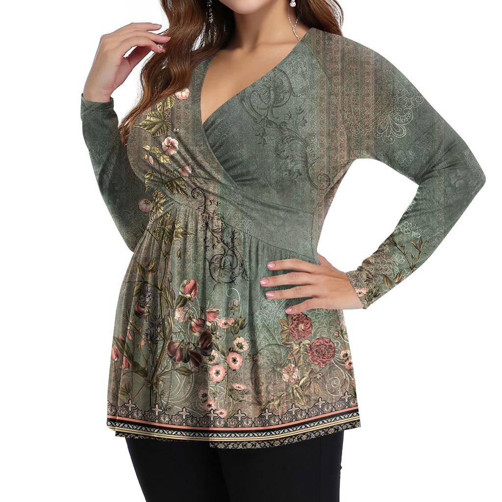 Women's Plus Size Shirt Long Sleeve Print Top Pleated Casual V-Neck Top