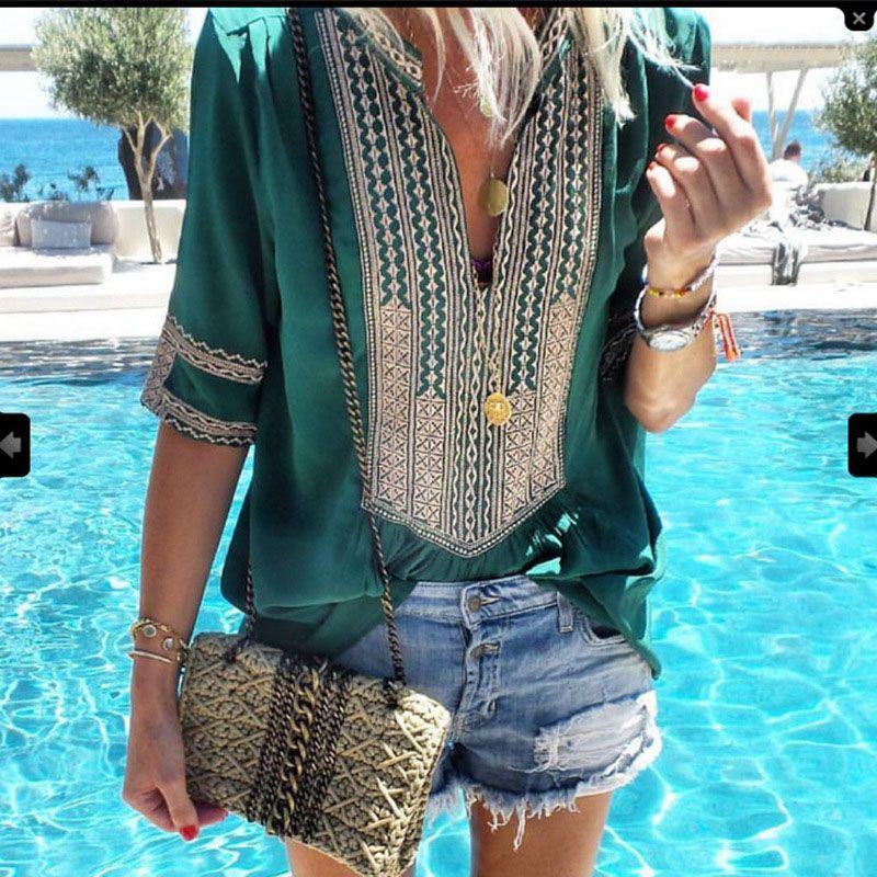 Stunning Womens Vintage Striped V Neck Loose Shirt Tops Half Sleeve Boho Blouse Plus Size