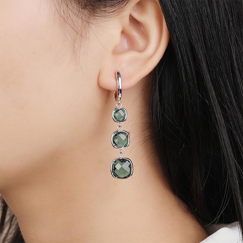 Silver Green Crystal Dangle Earrings: Minimalist Long Style for Women, European American Touch, Perfect Christmas Jewelry