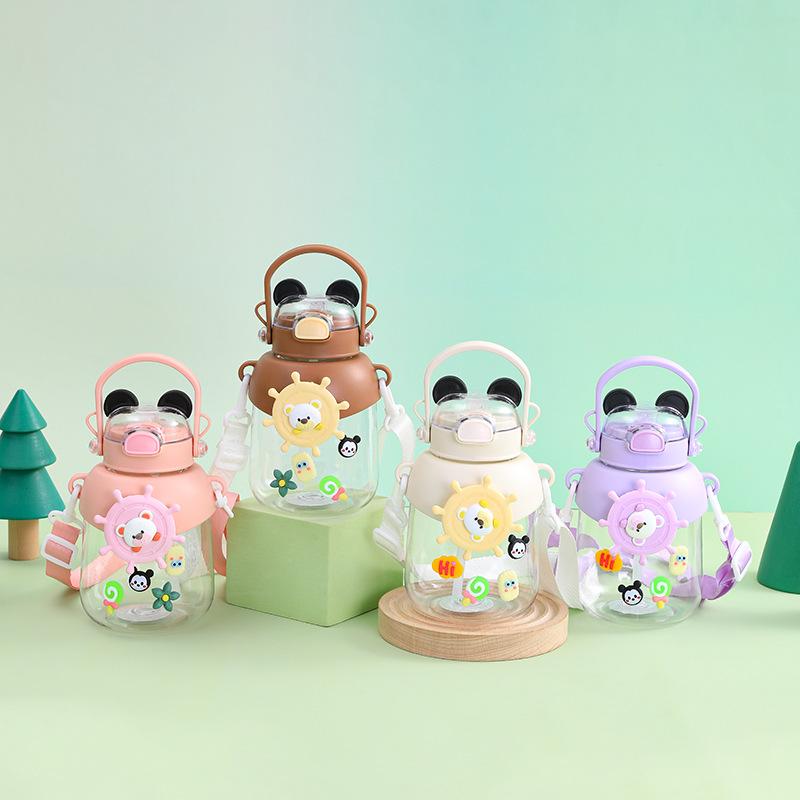 Water bottle spot PP plastic water cup children's handle cartoon cat ear water cup outdoor sports portable straw cup LOGO