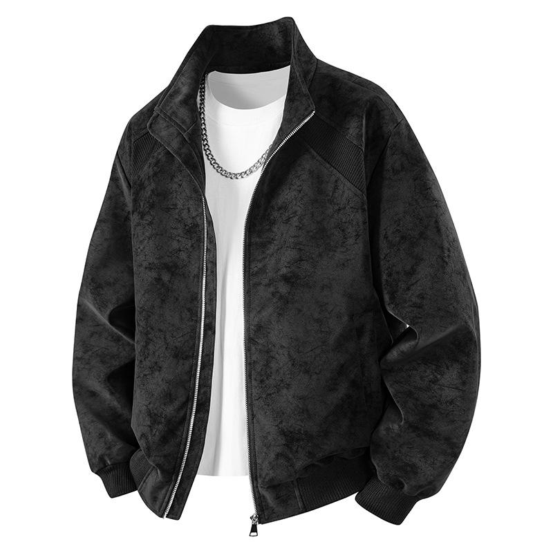 Men's leather jacket autumn and winter loose version tie-dye leather jacket stand-up collar retro American casual men's jacket