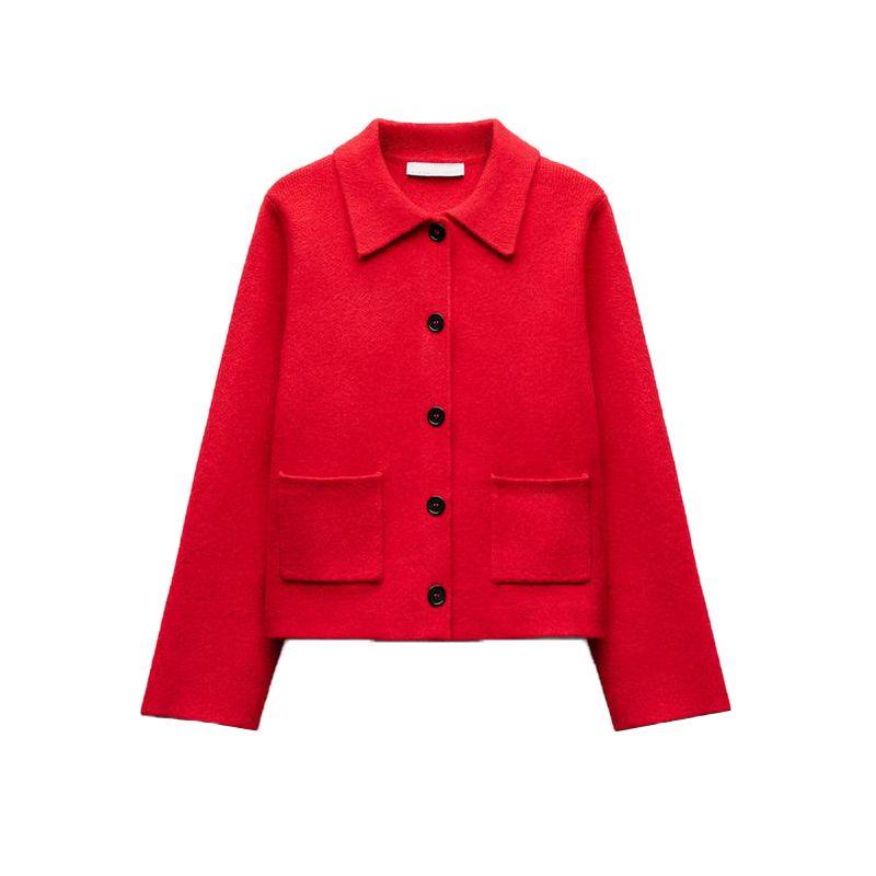 

Spring New Arrival Red for Women Sweater Cardigan Lapel Long Sleeves Single Breasted Simple Knitting Outwear 2142001 Red L