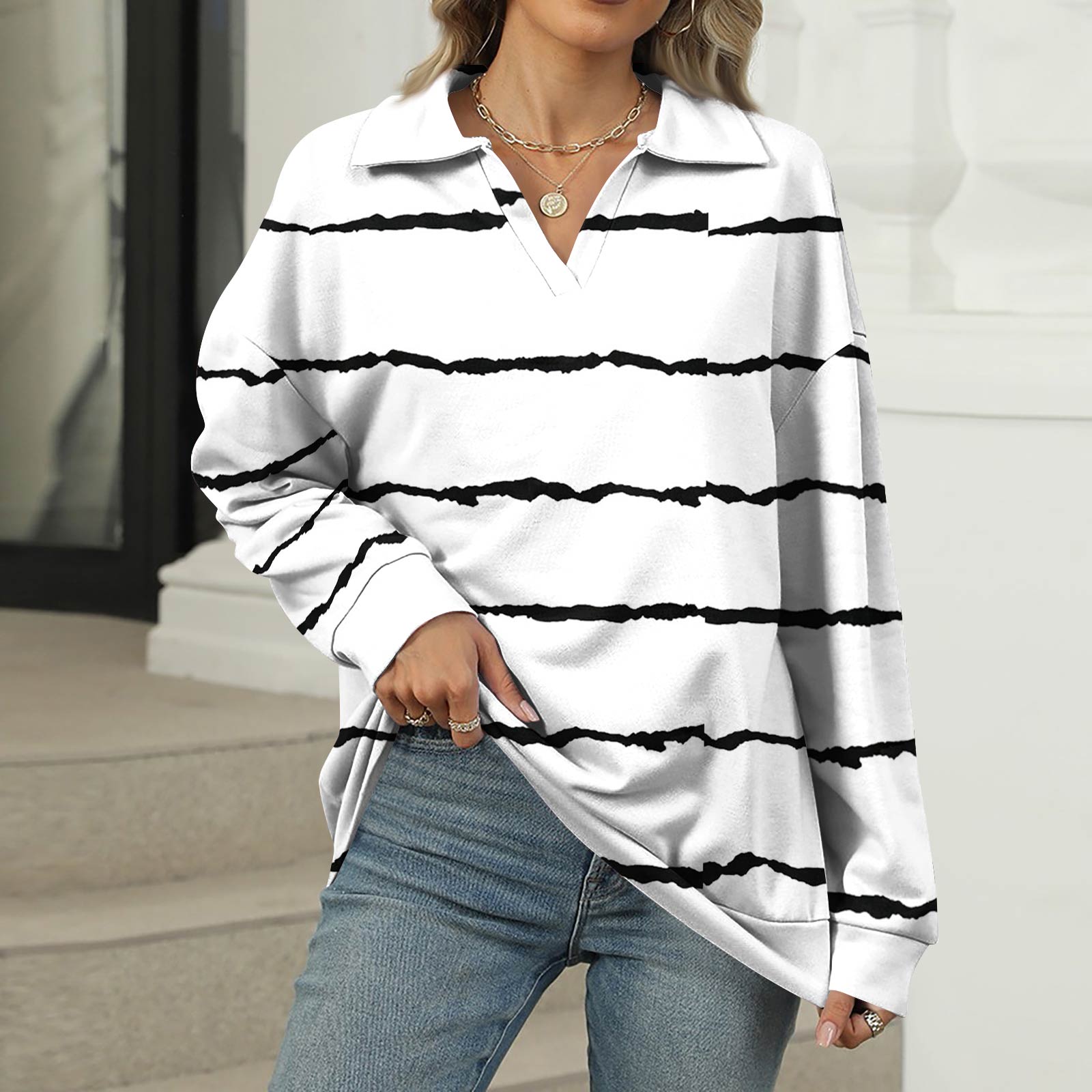 

Женская летняя модная повседневная рубашка с v-образным вырезом и длинным рукавом с принтом, топ M белый