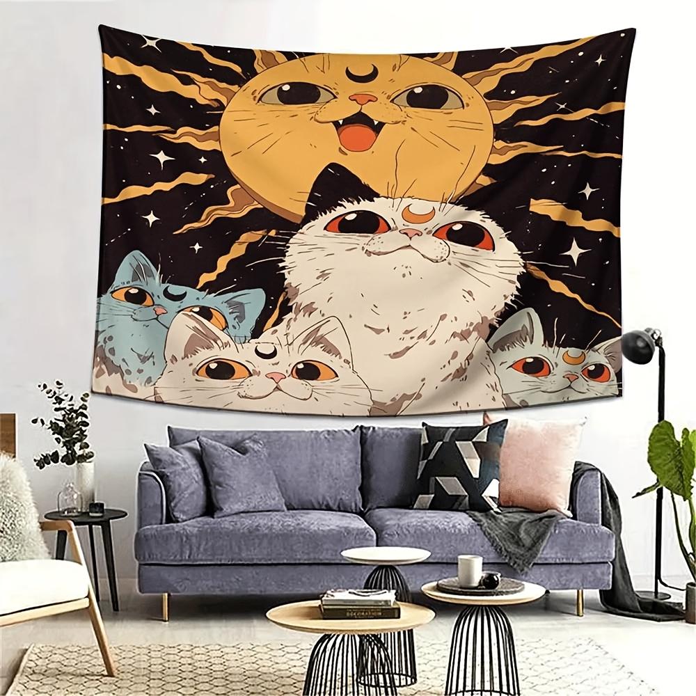 Katze Sonne Wandteppich Niedliche Katze Mond Wandbehang Ästhetische Katzenkunst Vintage Weltraum Dekor für Schlafzimmer Wohnzimmer