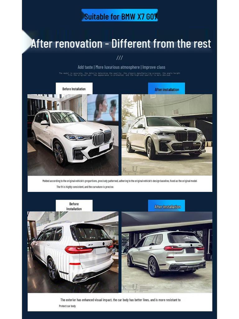 Compatible with BMW X7: Carbon Fiber FD Style Front Lip Splitter, Rear Lip Corner Covers, Side Skirts, Roof Spoiler, Diffuser (2019-2022)