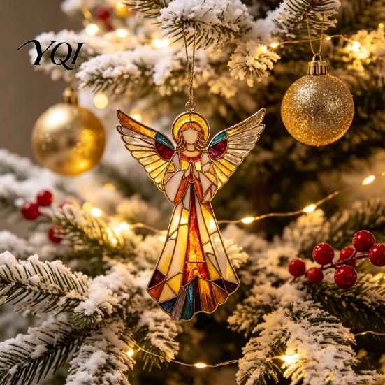Tree Hanging Charms for Teachers Stained Glass Style Angel Ornament, 2D Acrylic Christmas Holiday Reunion Party Favors Decoration with Gold