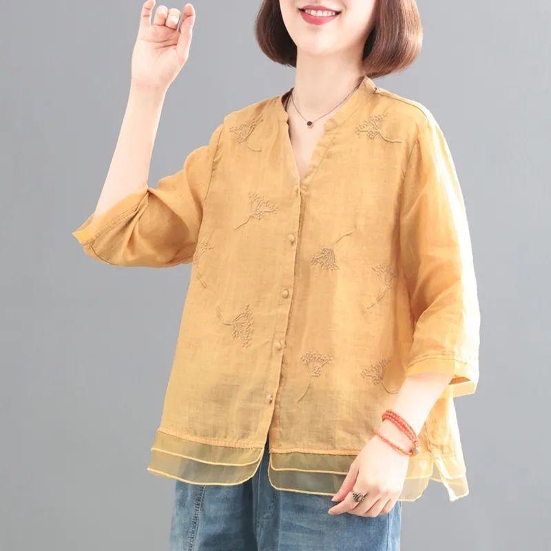 Women's Retro Cotton Linen Shirt Embroidery Shirts Patchwork Hem Organza Slim Blouse Top