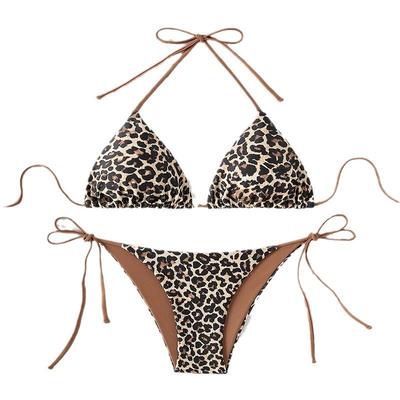 Damen Grünes Leopardenmuster Neckholder Bikini-Set - Binde-Seite Dreieck Badeanzug