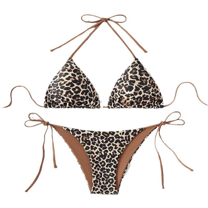 Women’s Leopard Print Bikini Swimsuit, Sexy Halter Backless Tankini Bathing Suit Two-Piece Tie Side Swimwear