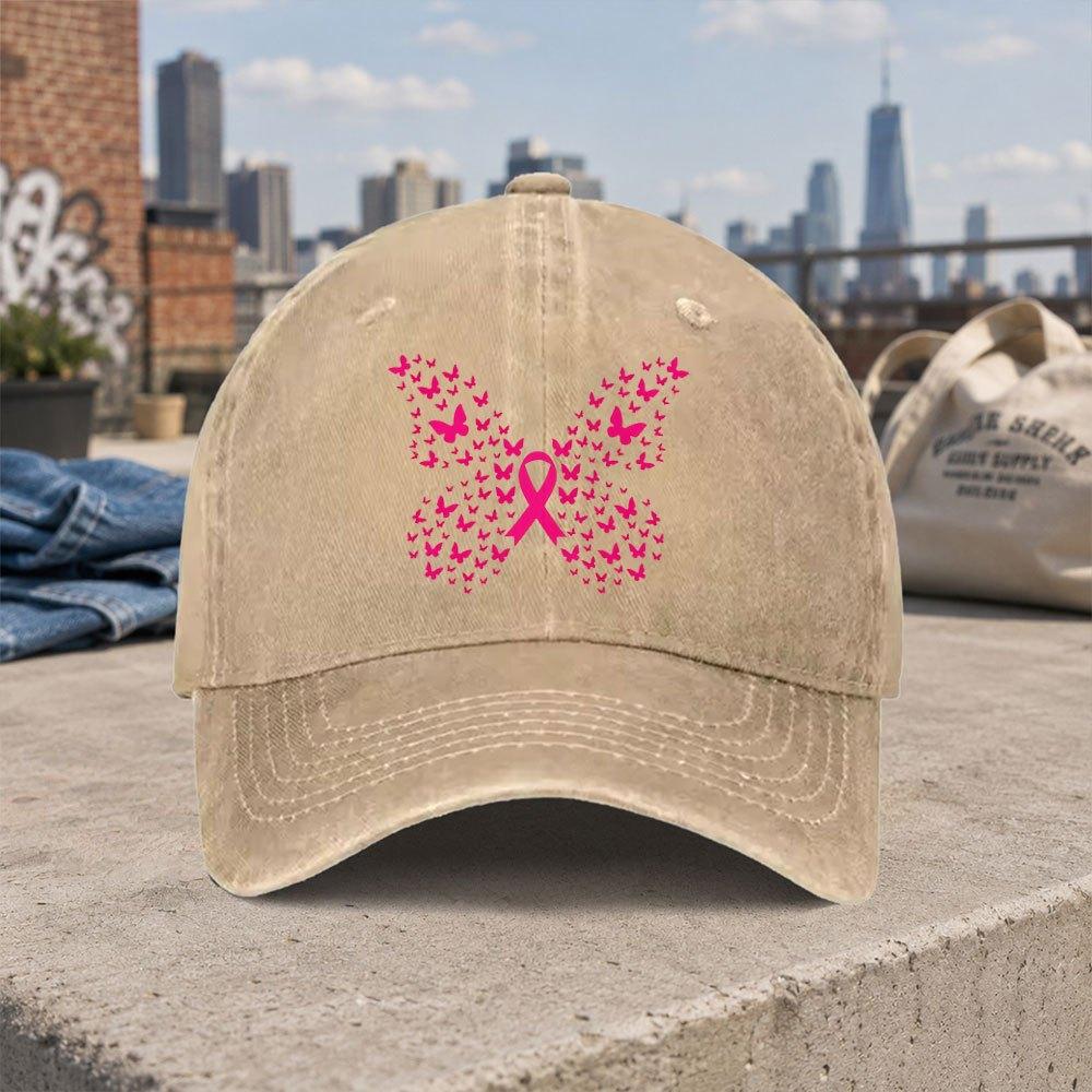 Pink Butterfly Ribbon Duckbill Cap Vintage Washed Baseball Hat for Unisex Women Hook Loop Closure