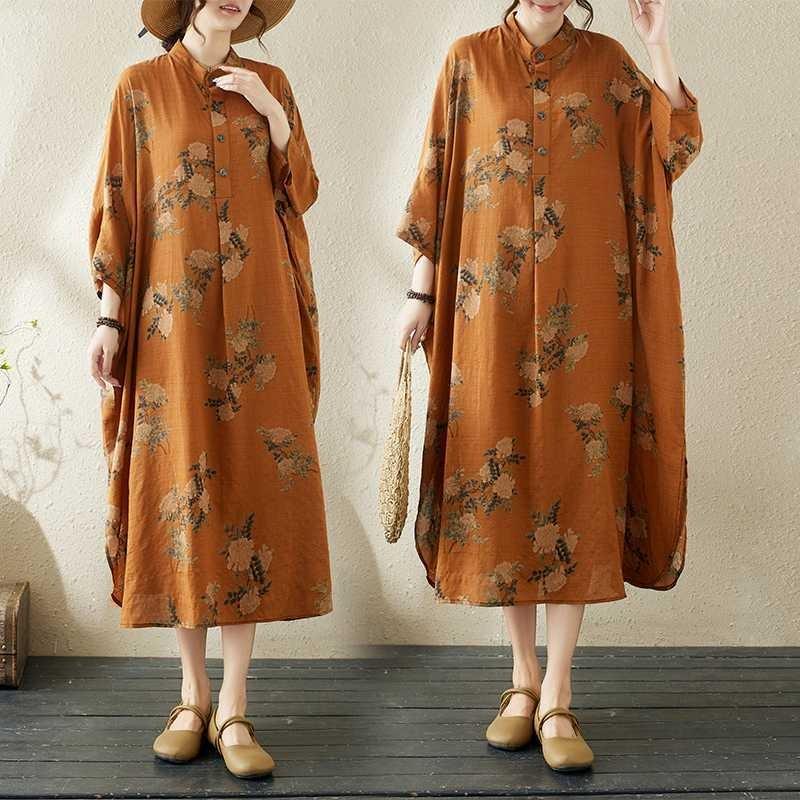 Printed Stand Neck Loose Oversized Vacation Dresses