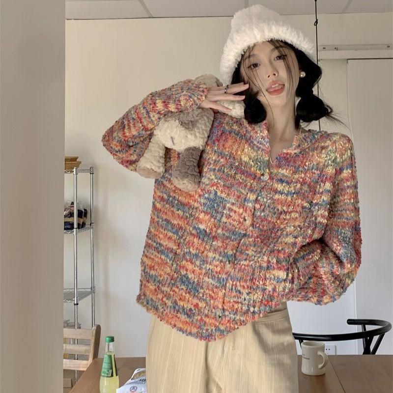 Dámský retro líný duhový pletený kardiganový svetr v japonském stylu jaro a začátek podzimu pletený svetr top