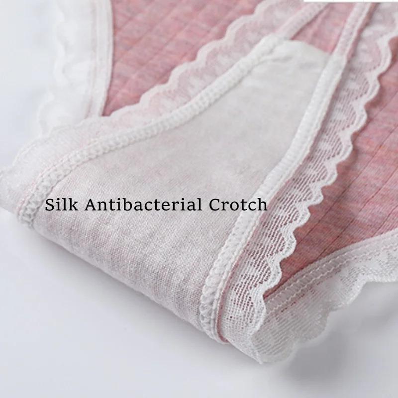 Women Pure Cotton Sexy Lace Mid Waist Ladies Thong Underwear