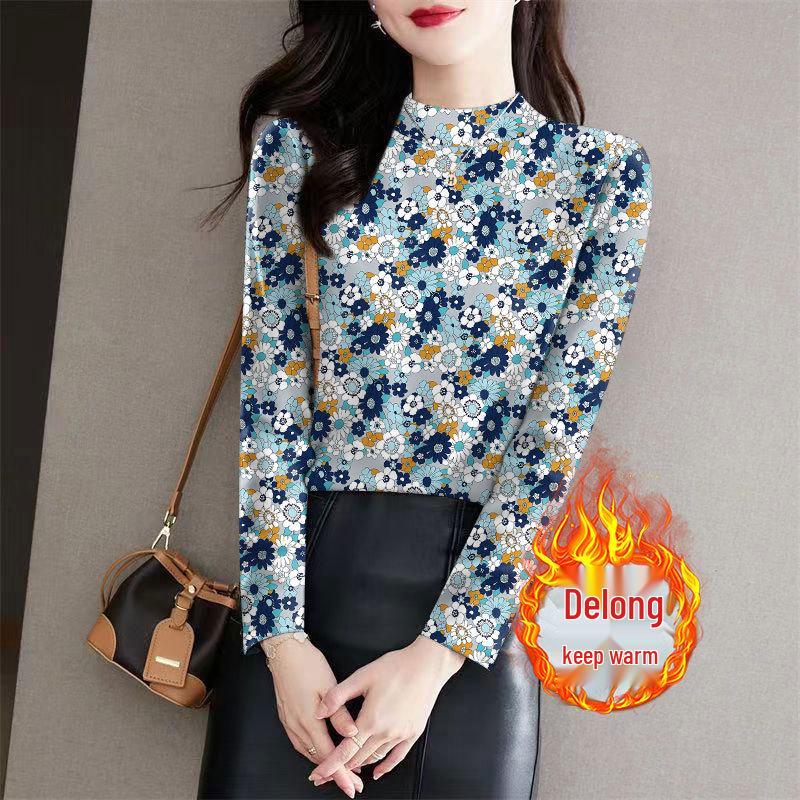 

Women s Floral Ribbed Plush Base Layer Top: Warm, Slimming Long Sleeve with Half-High Collar for Fall/Winter. XL [105-120 lbs]