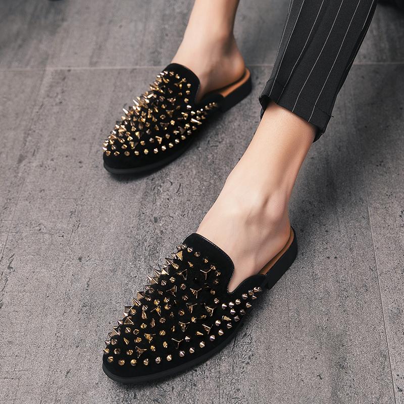 Luxury Italian Outdoor Flat Slippers Men's Leather Leather Sandals Men's Soft Sole Summer Non-Slip Party Casual Slippers Spikes