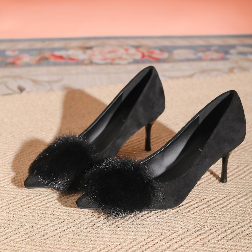Sexy pointed toes fluffy high heels women's stilettos Spice girls suede shallow mouth single shoes professional mink hair work shoes