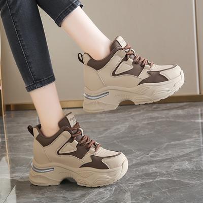 Fashion Platform Women Sport Sneaker Lace-Up Thick Bottom Vulcanize Shoes Woman Spring Autumn Pu Leather Breathable Chunky Running Shoes