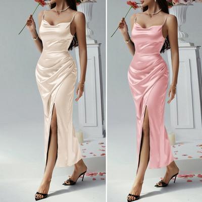 Yousheng Women's Satin Bodycon Dress Spaghetti Strap Side Slip Long Dress Cowl Neck Sexy Club Midi Dresses for Evening Birthday Party Weddings
