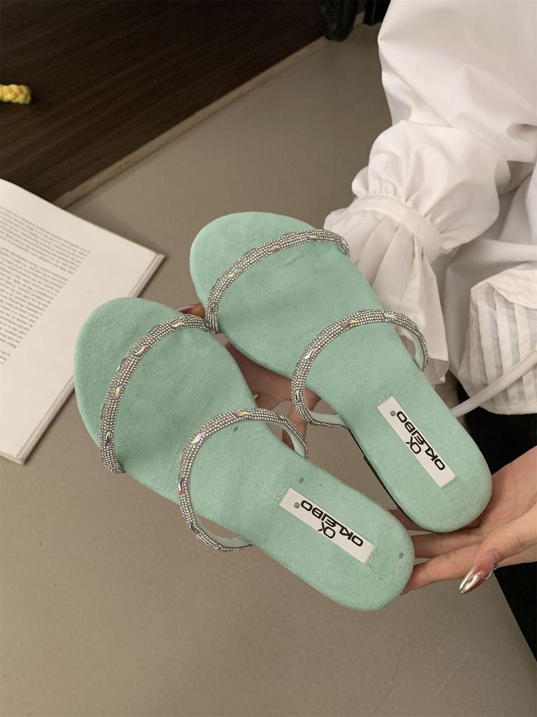 Flat-bottomed Rhinestone Fashion Sandals 2025 Summer French Sweet Yellow Open-toed Vacation Beach Cool Slippers Women's Shoes