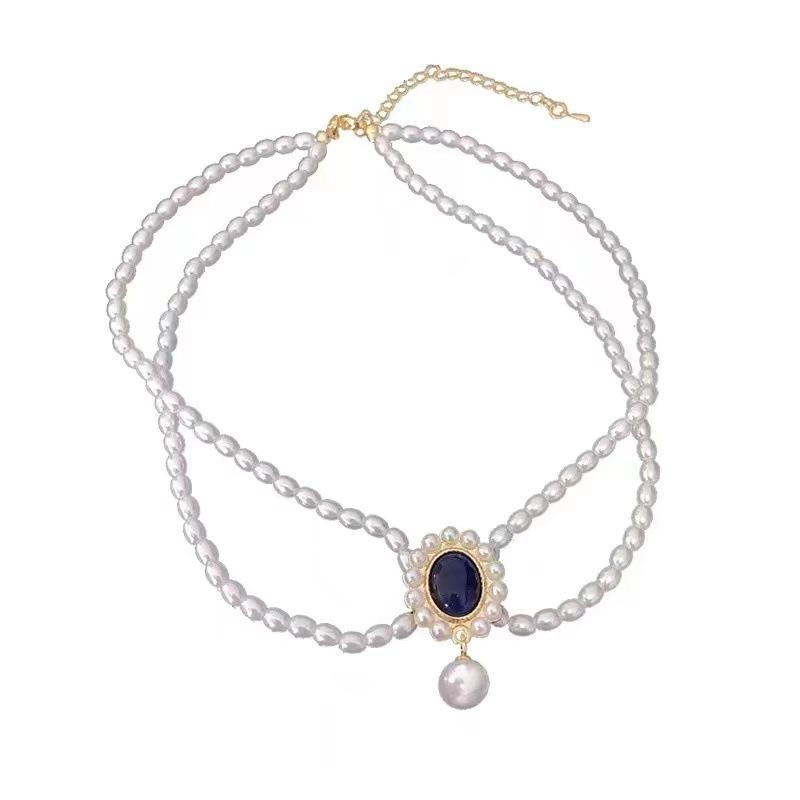 

French retro double design opal necklace women ins pearl collarbone chain pendant jewelry