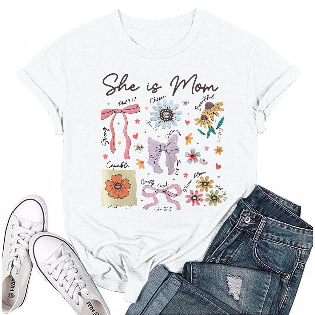 Women Casual Daily Round Neck Printed Short Sleeved T-shirt Letter Top