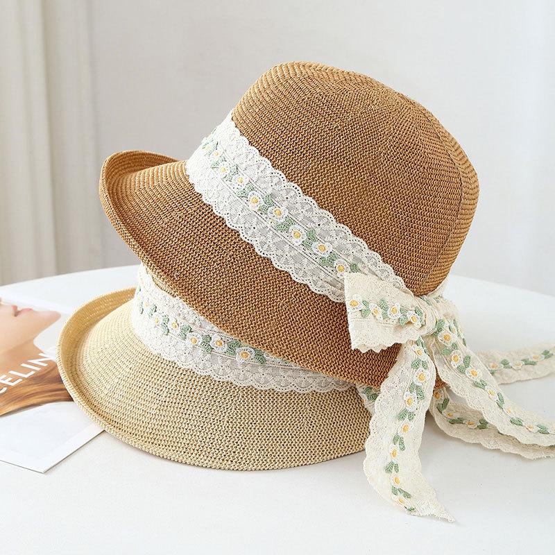 Summer hat with ribbon bow, fisherman's hat with wide brim, straw hat with round top, sunshade hat outing
