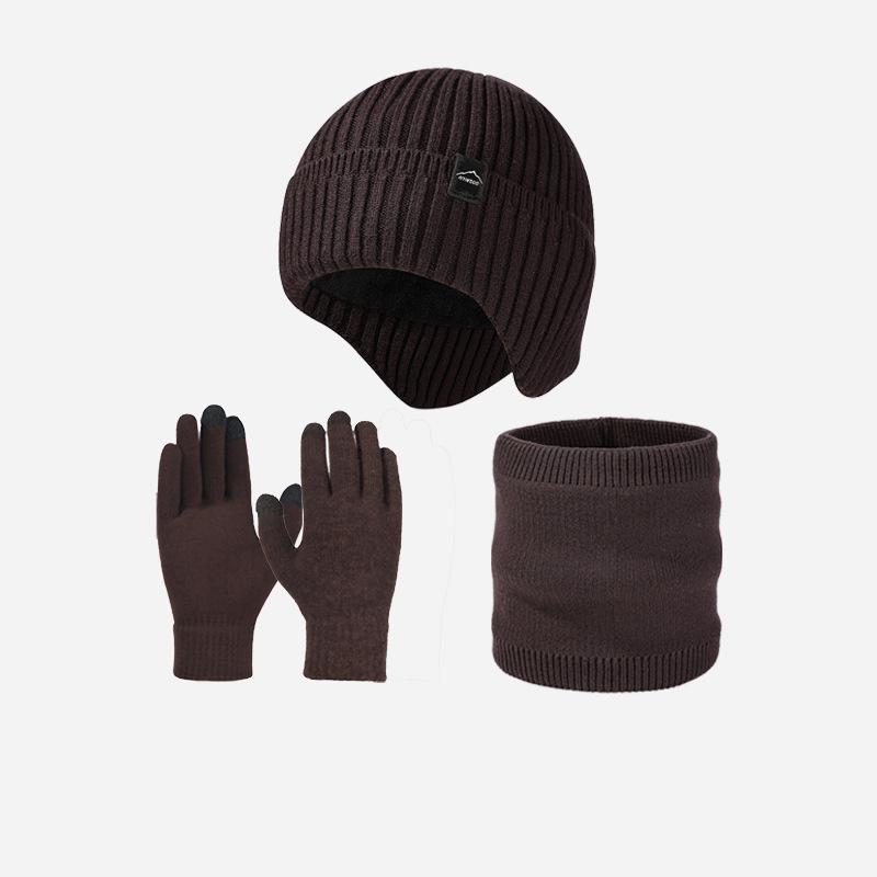Autumn Winter Warm Suit Men's Velvet Thick Ear Protection Knitted Hat Scarf Gloves Three-Piece Hat Set