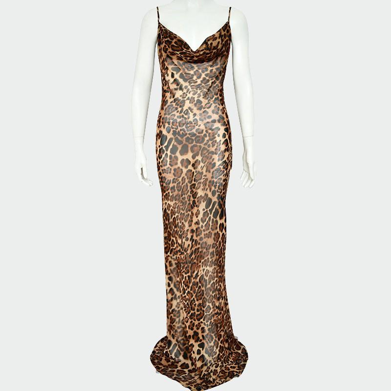 

New Long Dress Suspenders Leaky Back Sexy Elegant Slim Leopard Print S леопардовый
