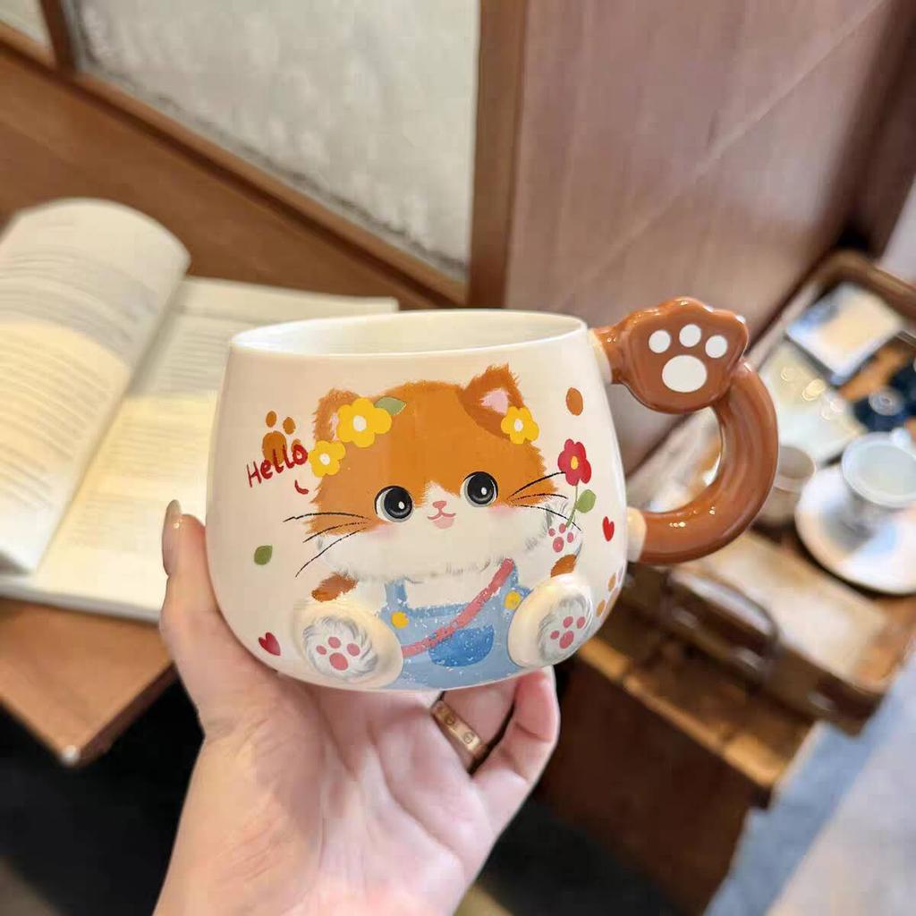 Cat Mug with Lid Spoon High Value Cute Cup Ceramic Water Cup for Women Home Large Capacity Breakfast Cup for Children