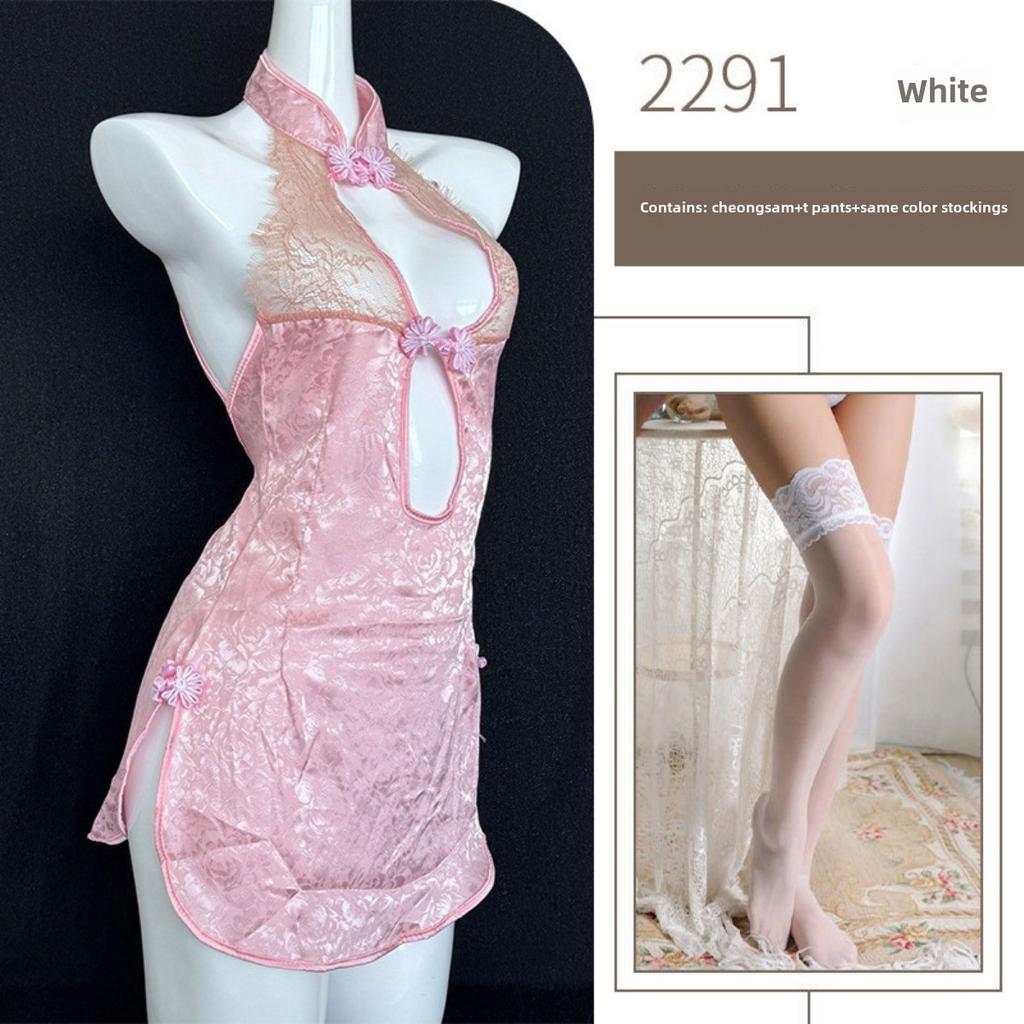 Retro Cheongsam Free Sex Underwear Side Split Mesh Transparent Lace Large Size Uniform Temptation