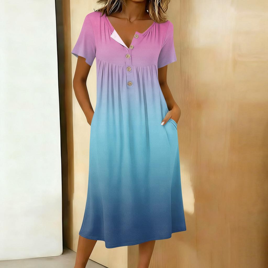Women's Fashion Gradient Color Printed Round Neck Short Sleeve Button Neck Medium Length Casual Dress